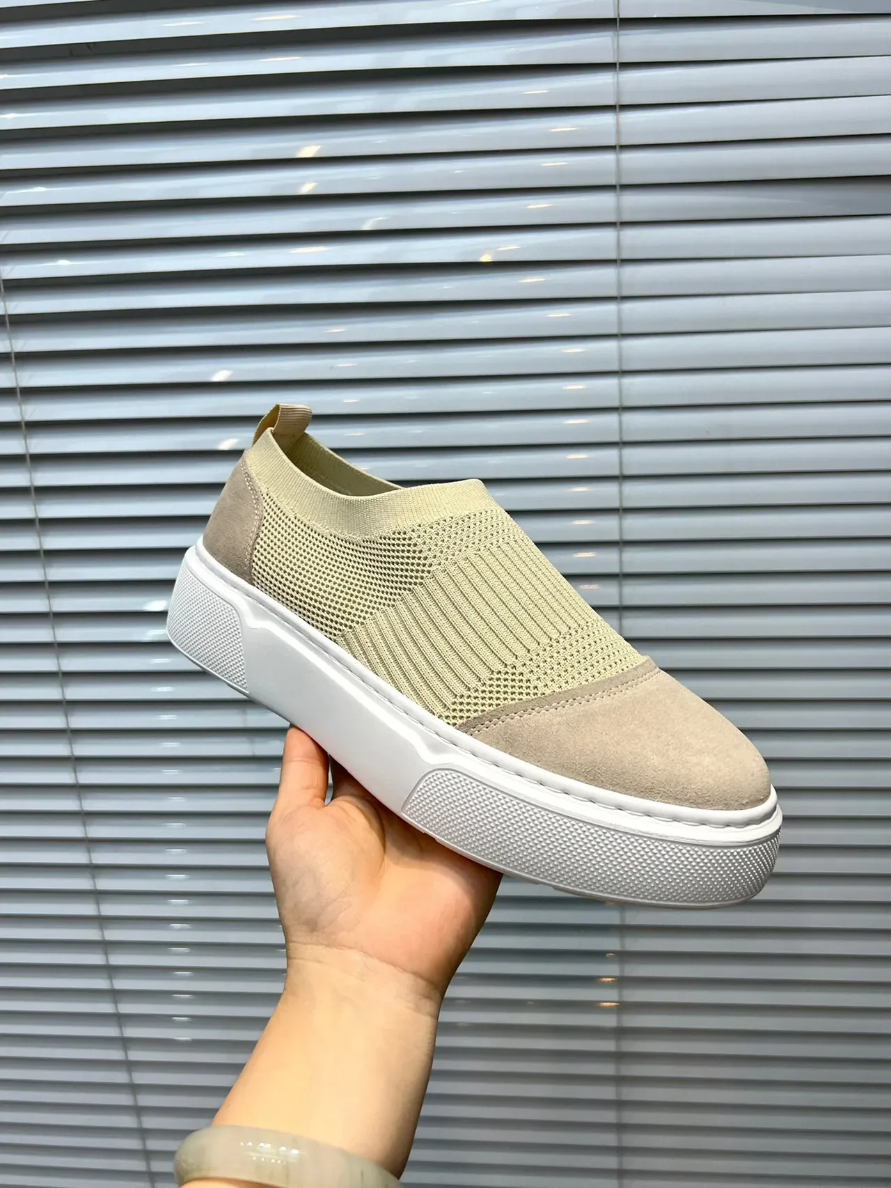 Beige Knit-Suede Slip-On Platform Sneaker 6