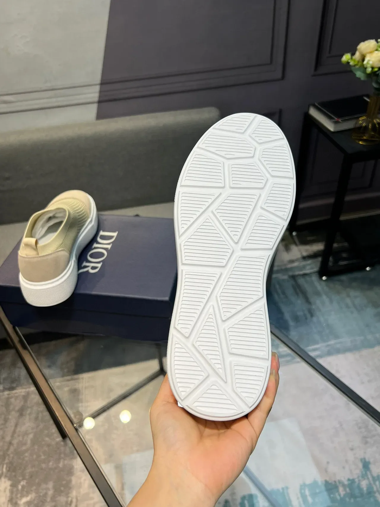Beige Knit-Suede Slip-On Platform Sneaker 7