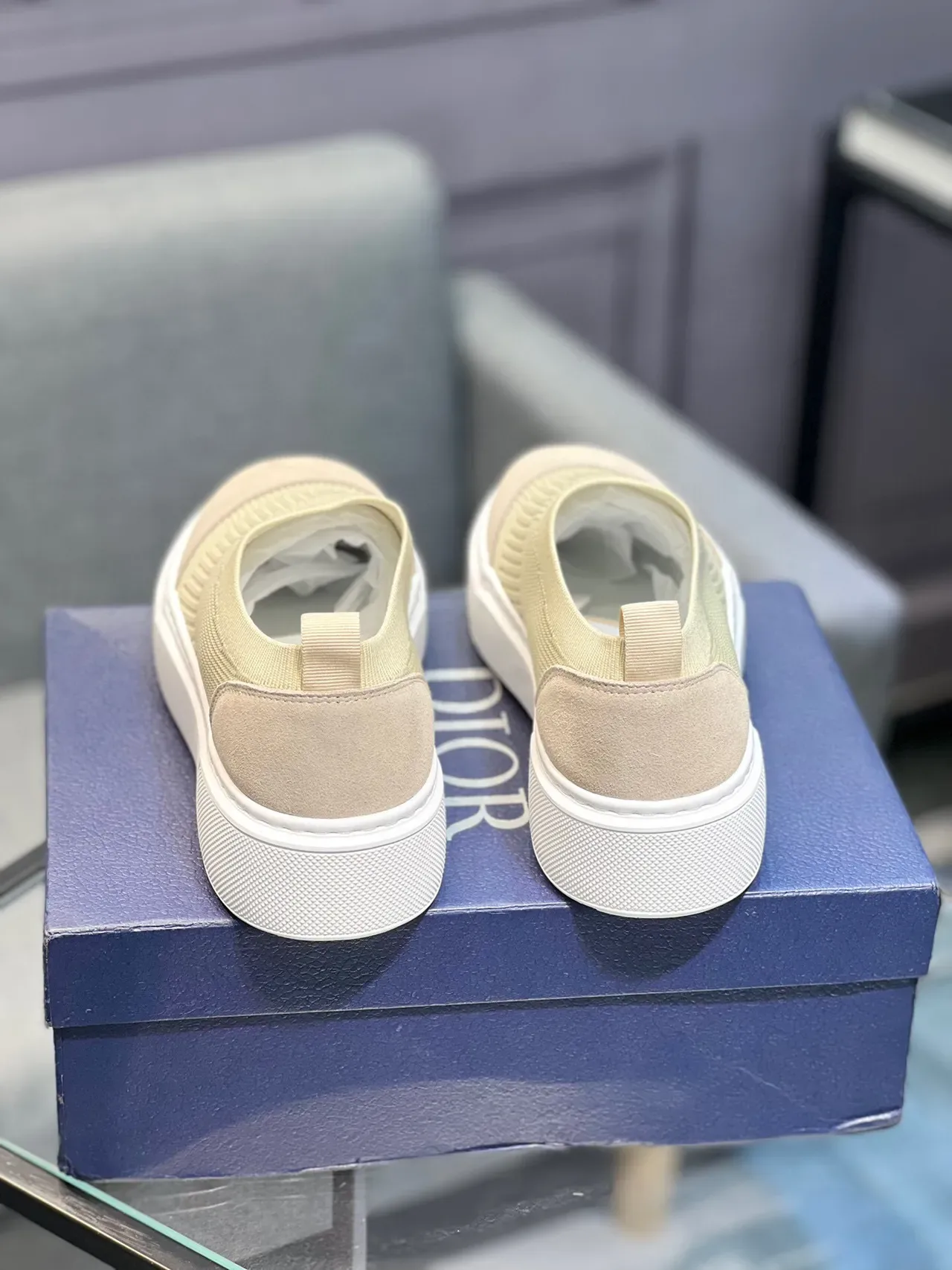 Beige Knit-Suede Slip-On Platform Sneaker 8