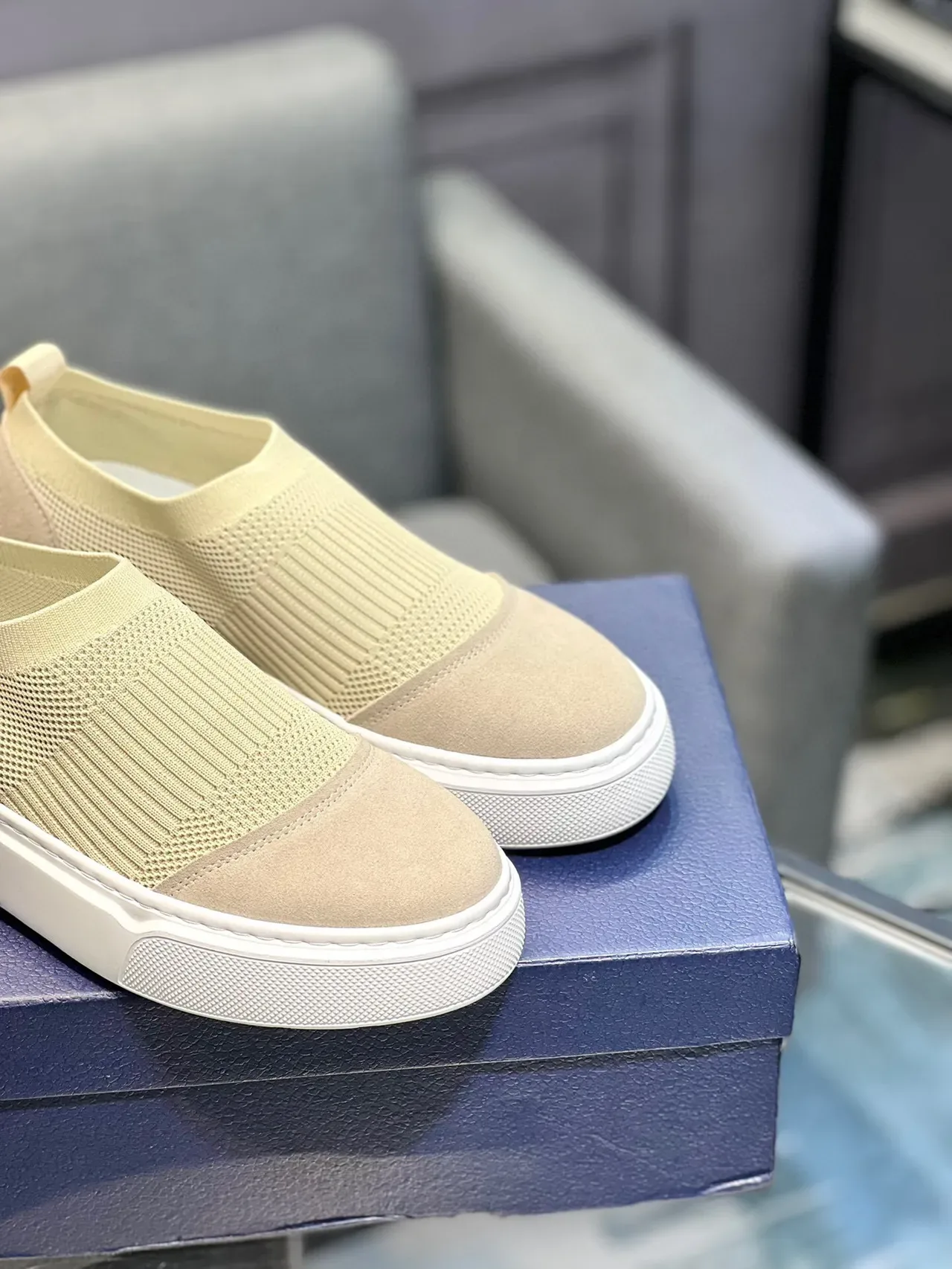 Beige Knit-Suede Slip-On Platform Sneaker 9