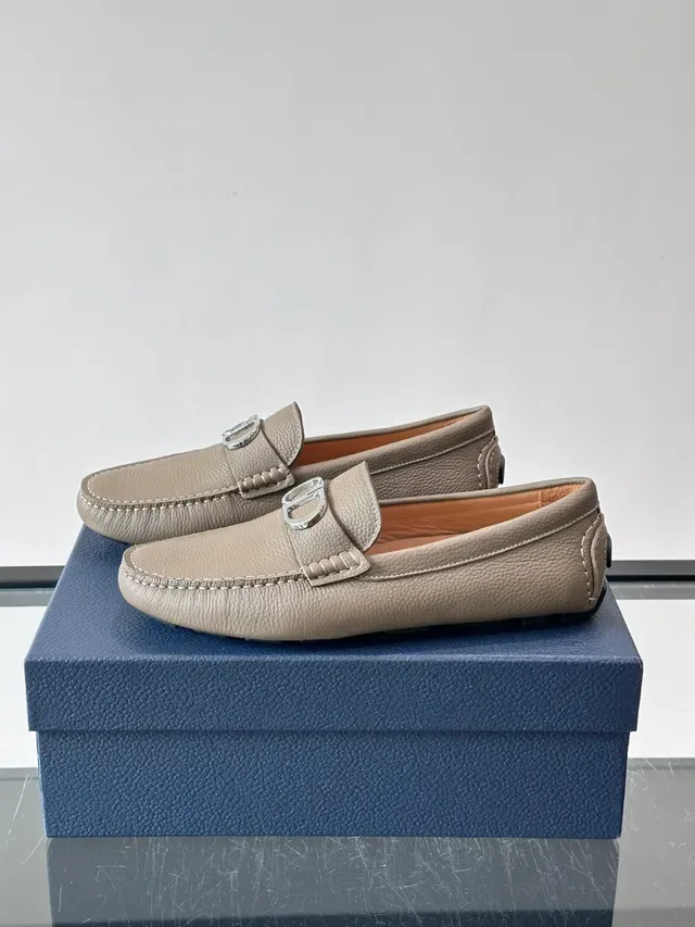 Beige Pebbled Leather Buckle Strap Loafers 5