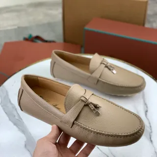 Beige Pebbled Leather Tassel Loafers
