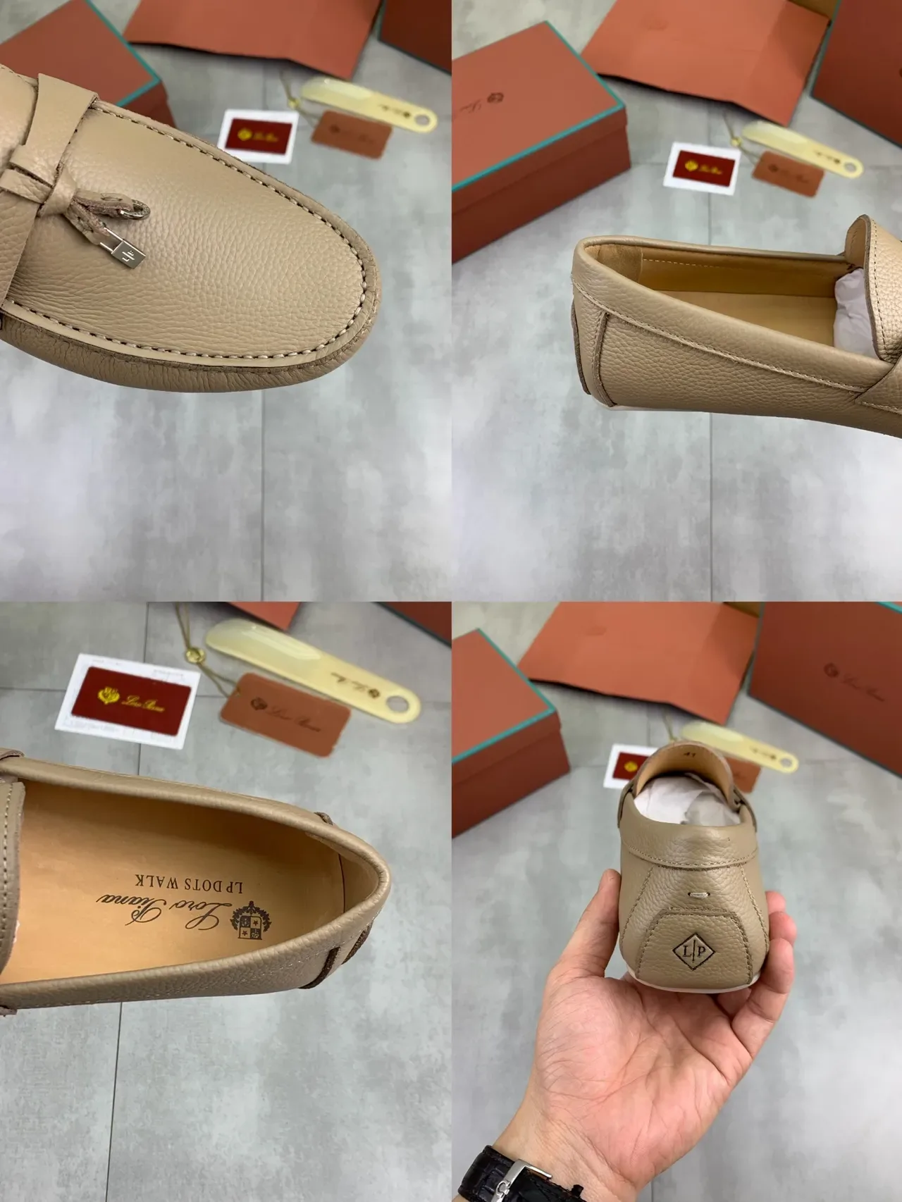 Beige Pebbled Leather Tassel Loafers 2