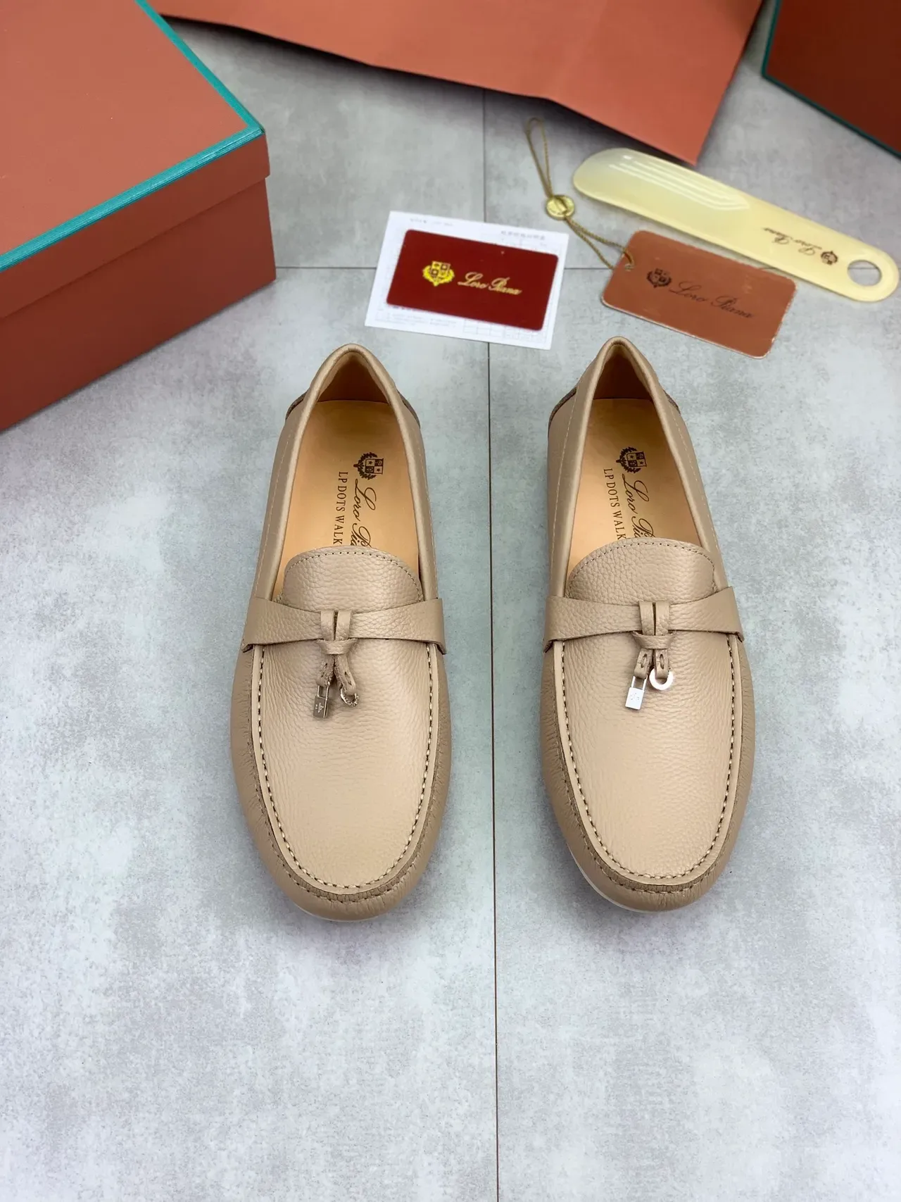 Beige Pebbled Leather Tassel Loafers 4