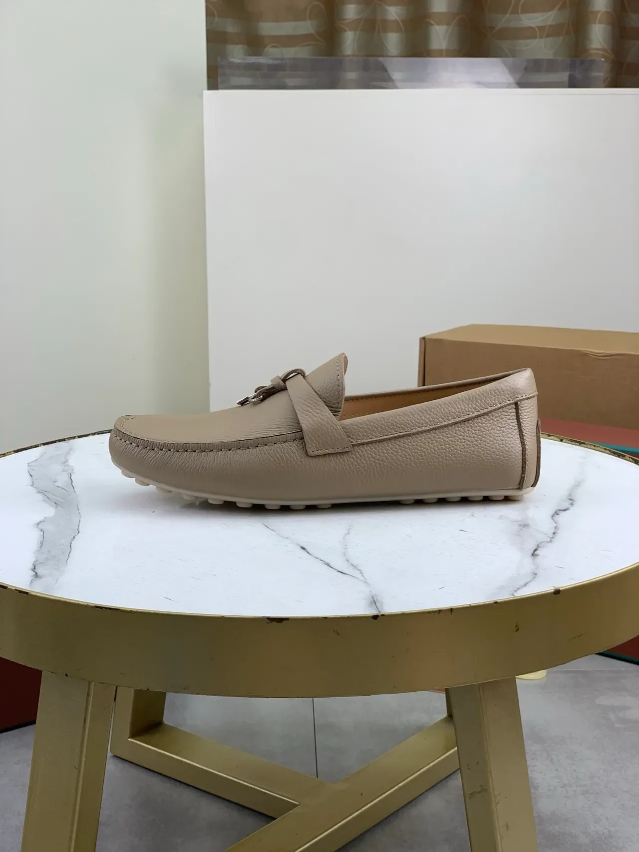Beige Pebbled Leather Tassel Loafers 5