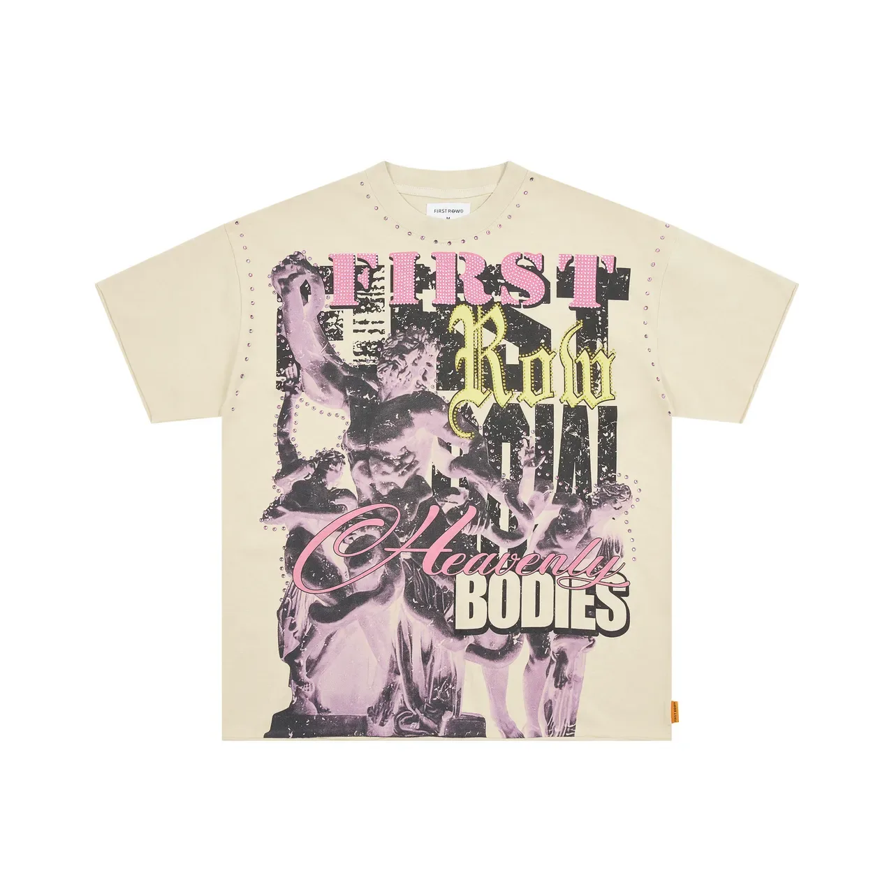 Beige Pink Graphic-Print Studded Shoulders Top 2