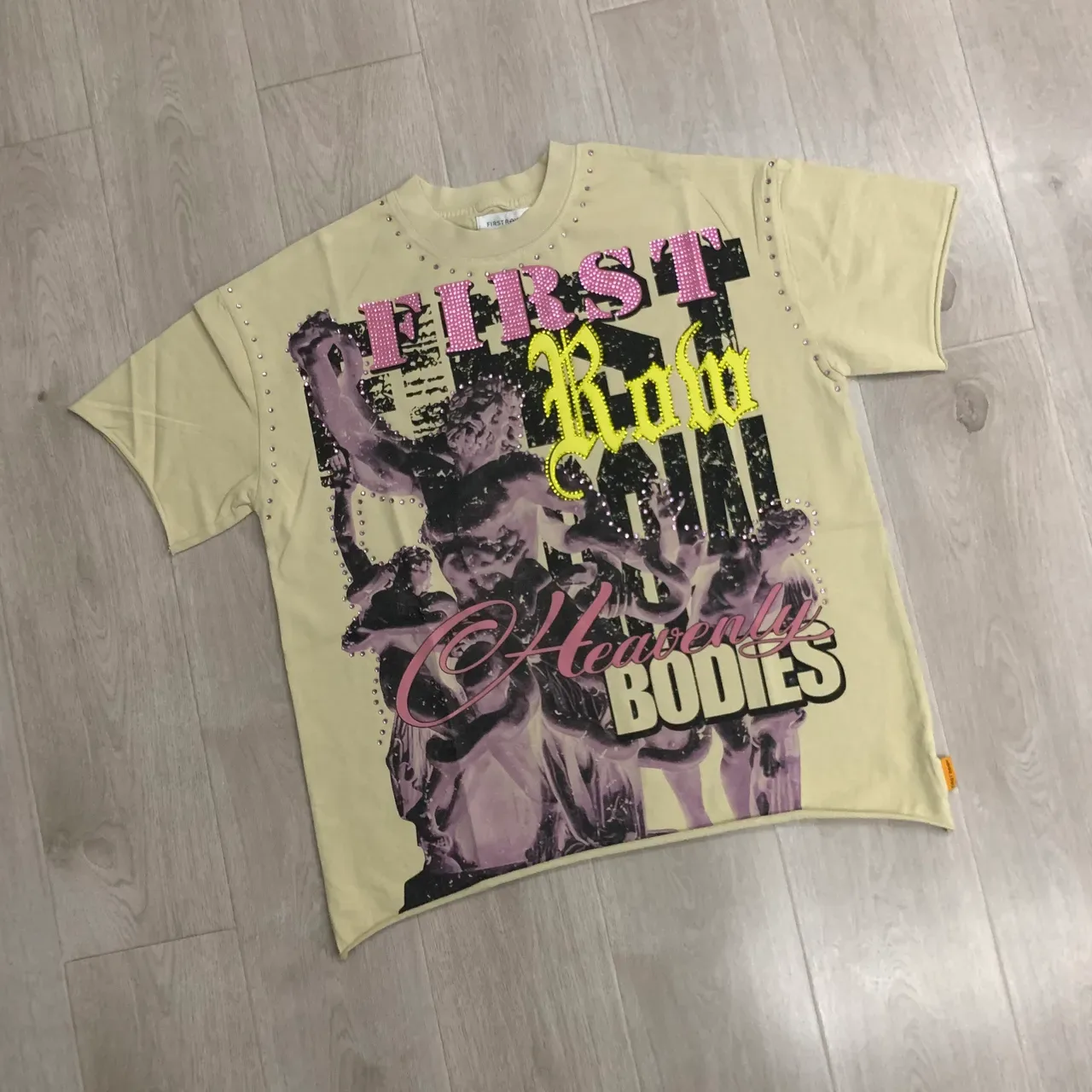 Beige Pink Graphic-Print Studded Shoulders Top 5