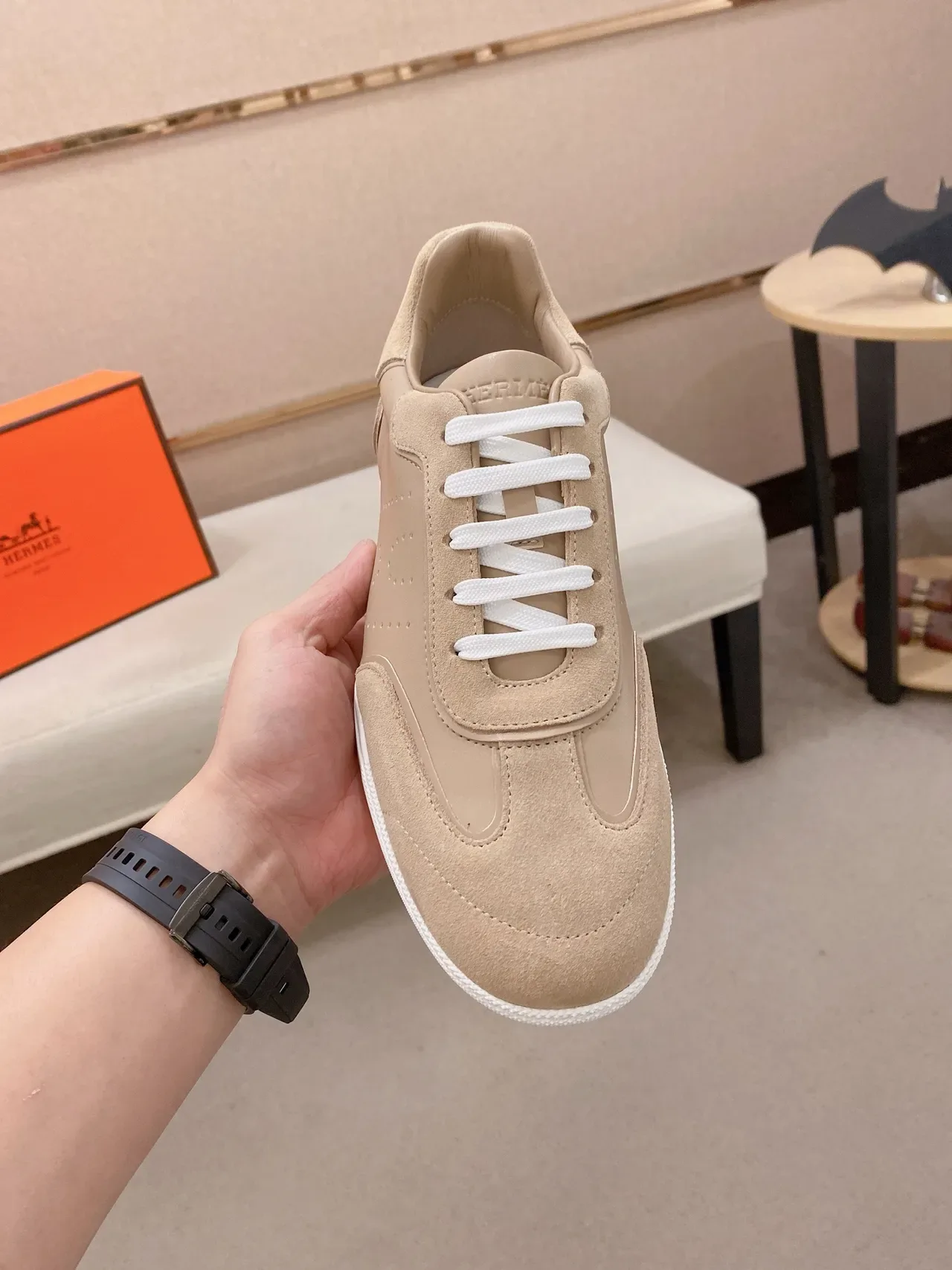 Beige Suede and Leather Panelled Low-Top Lifestyle Sneaker 6