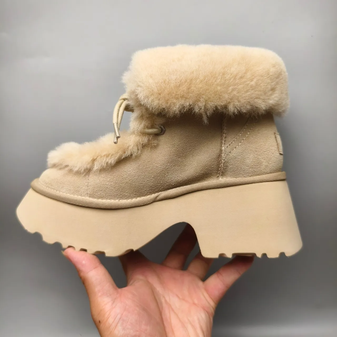 Beige Suede Platform Shearling-Trimmed Snow Boot 7