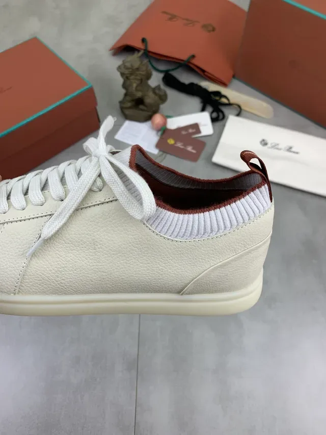 Beige White Leather Upper Ribbed Knit Collar Sneakers 4