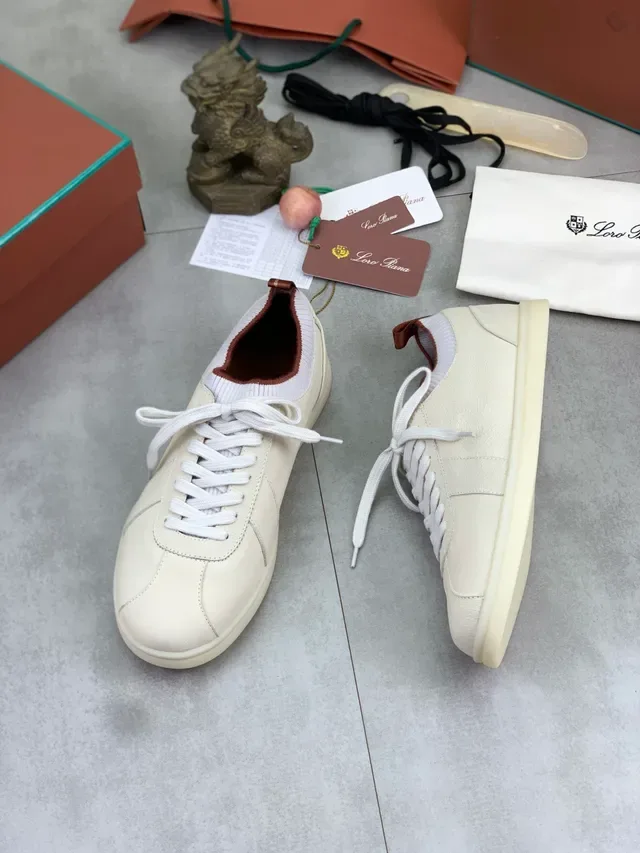 Beige White Leather Upper Ribbed Knit Collar Sneakers 5