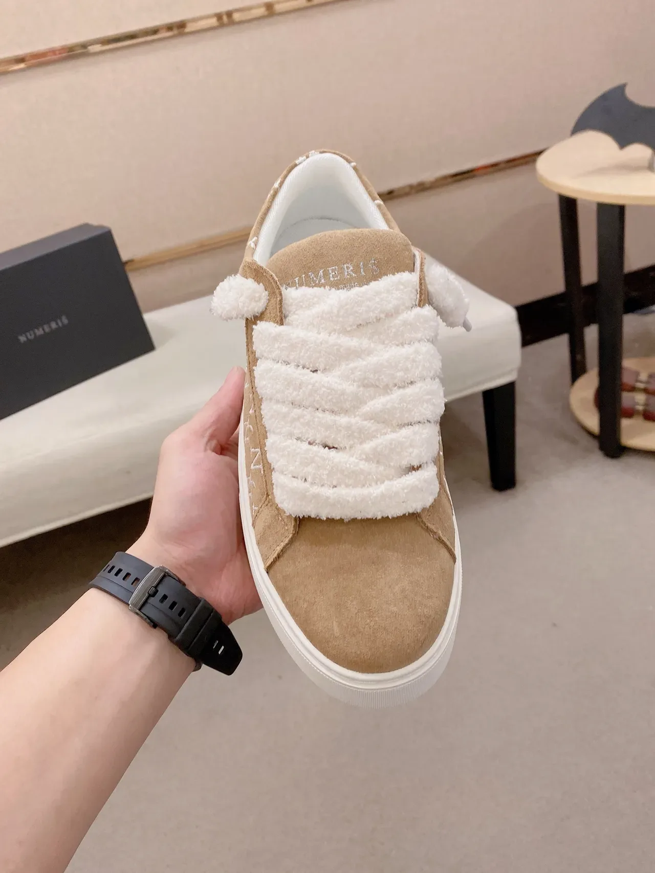 Beige White Platform Sole Suede Upper Sneakers 5