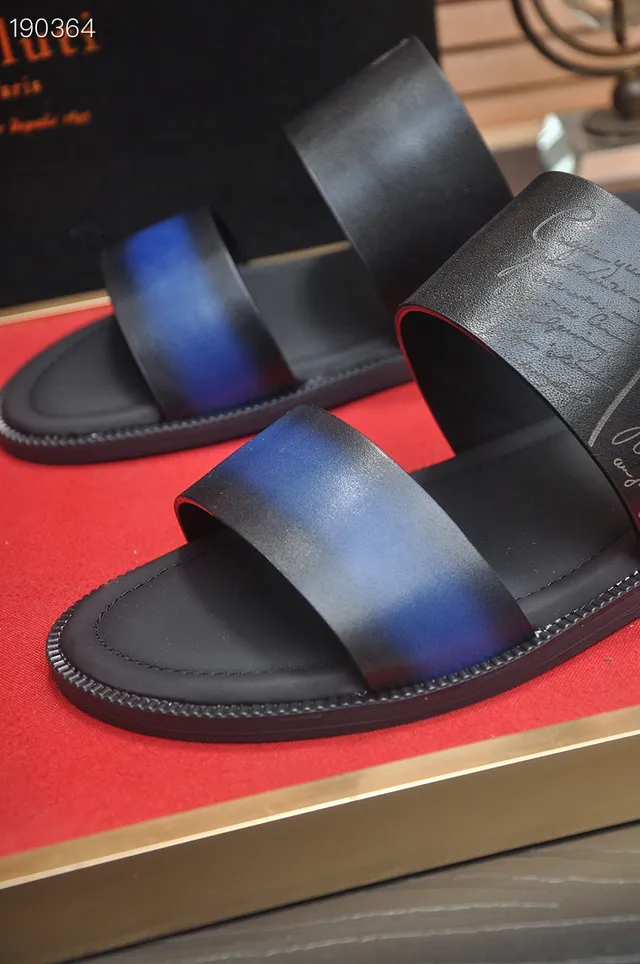 Berluti Black Blue Two-Strap Slide Iridescent Accent Slippers 4
