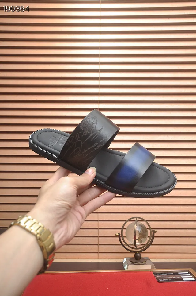 Berluti Black Blue Two-Strap Slide Iridescent Accent Slippers 5
