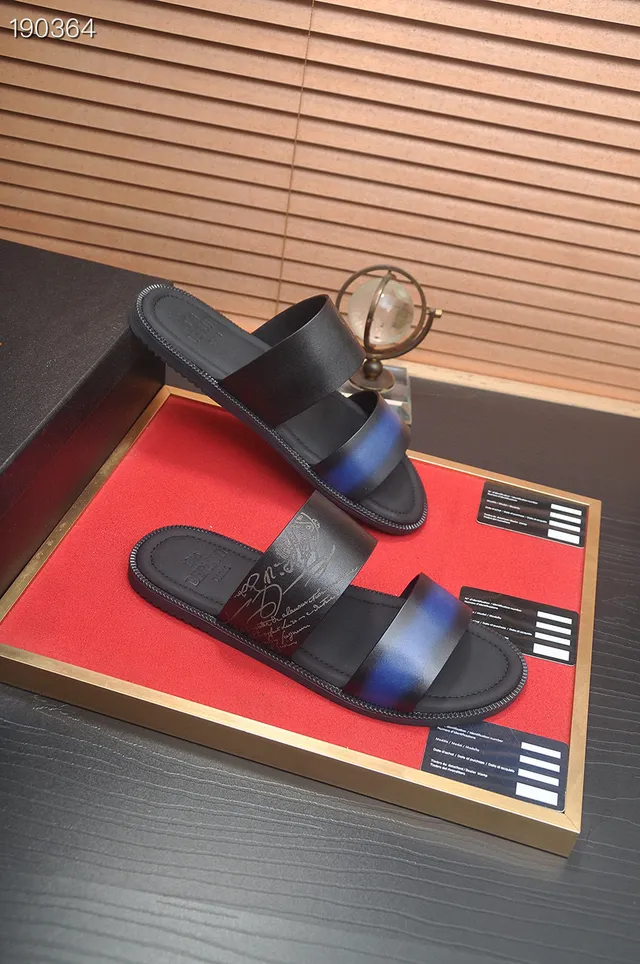 Berluti Black Blue Two-Strap Slide Iridescent Accent Slippers 6