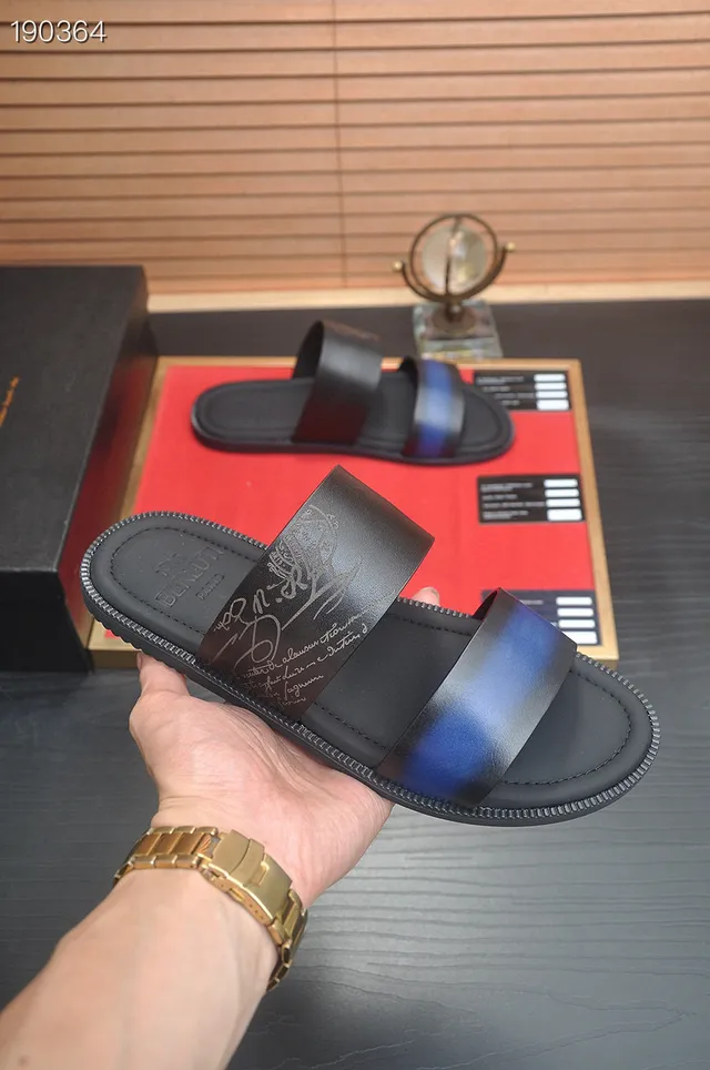 Berluti Black Blue Two-Strap Slide Iridescent Accent Slippers 7
