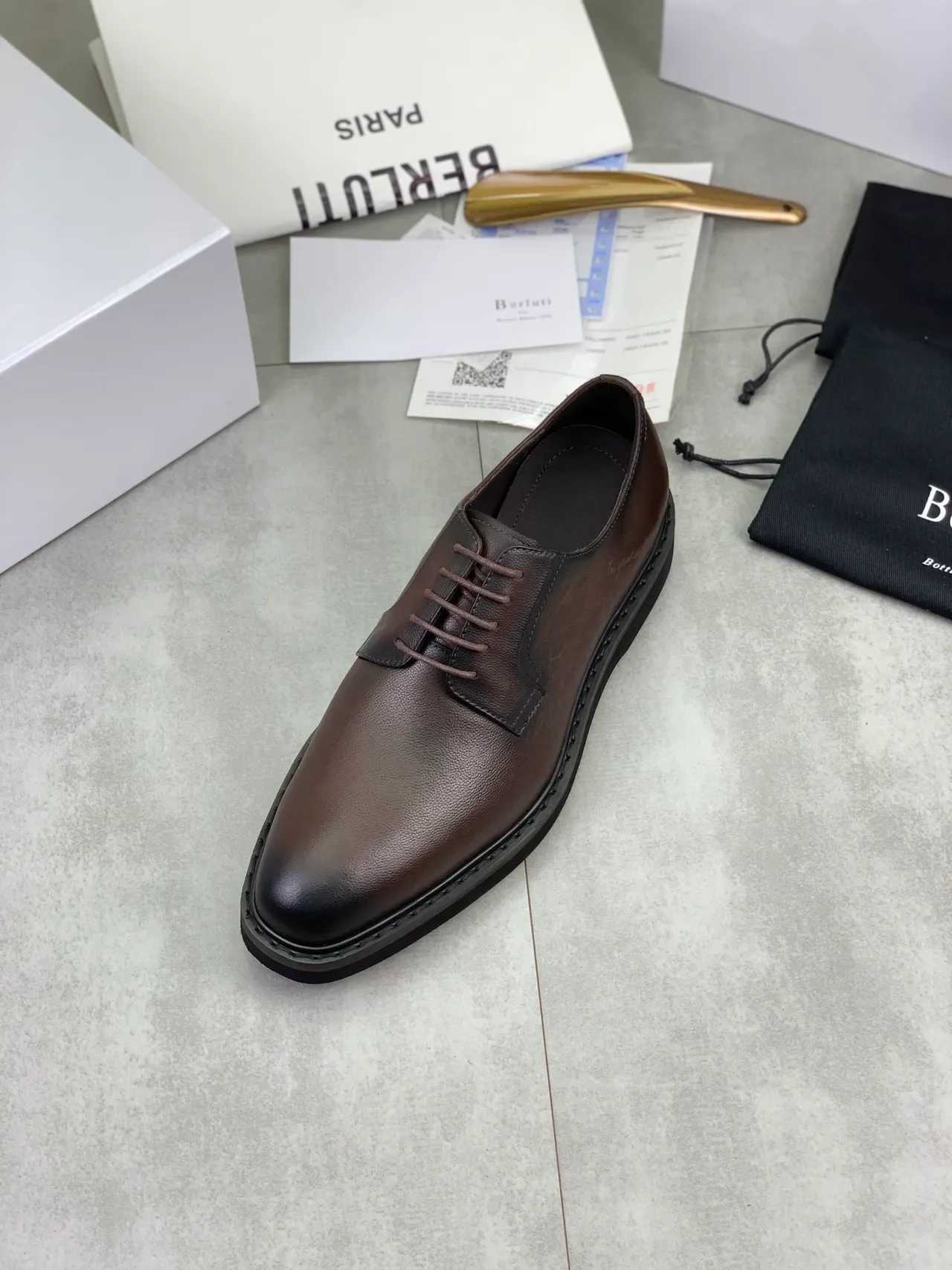 BERLUTI Brown Black Polished Leather Contrast Toe Cap And Sole Derby Shoes 4