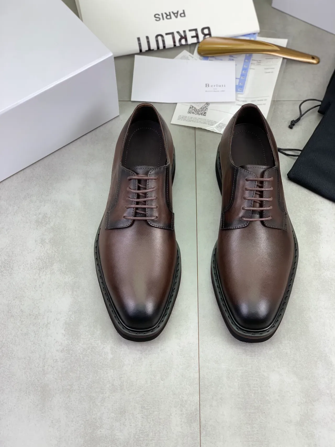 BERLUTI Brown Black Polished Leather Contrast Toe Cap And Sole Derby Shoes 5