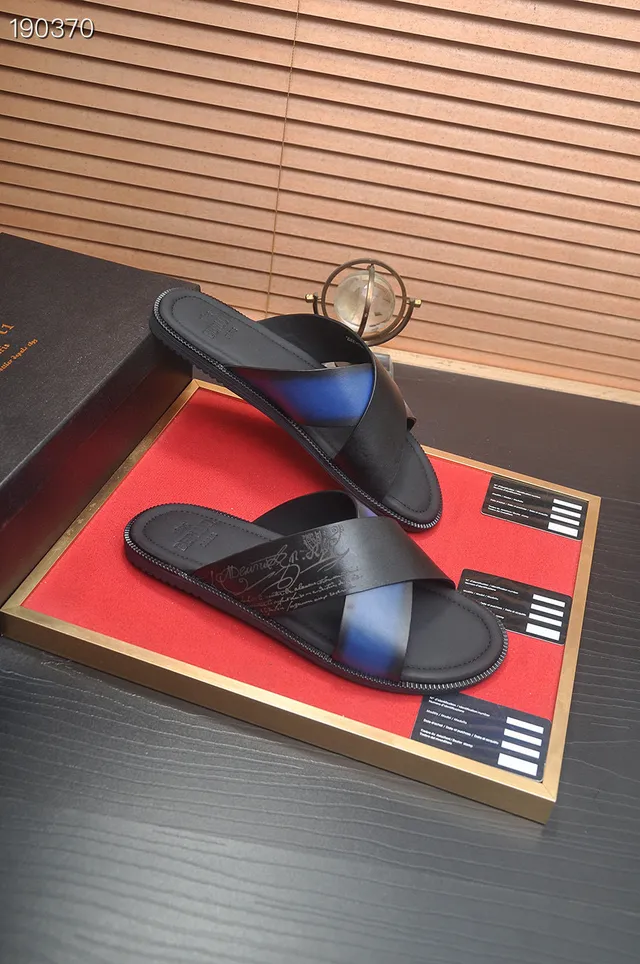 Berluti Slide Black Blue Crossed-Strap Iridescent Accent Slippers 3