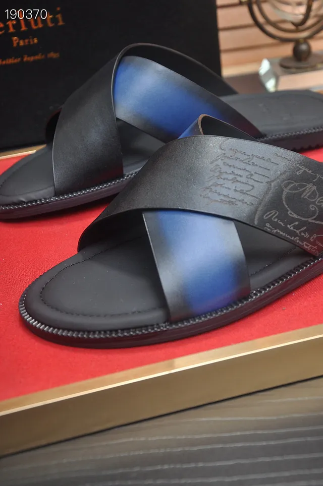 Berluti Slide Black Blue Crossed-Strap Iridescent Accent Slippers 4