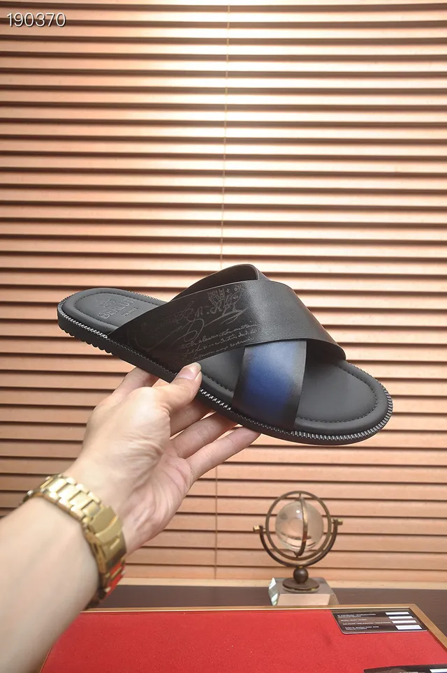 Berluti Slide Black Blue Crossed-Strap Iridescent Accent Slippers 5