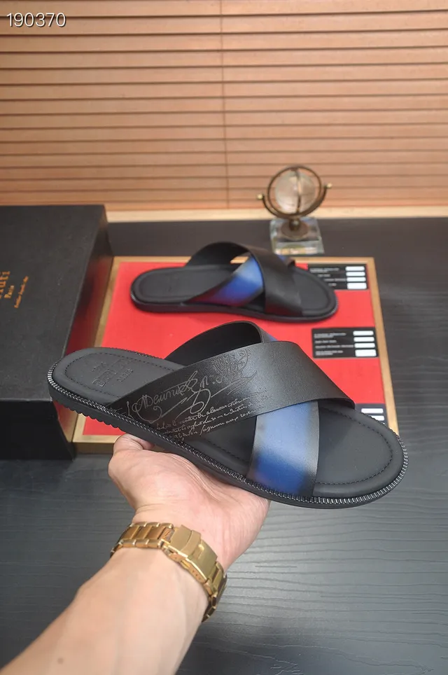 Berluti Slide Black Blue Crossed-Strap Iridescent Accent Slippers 6