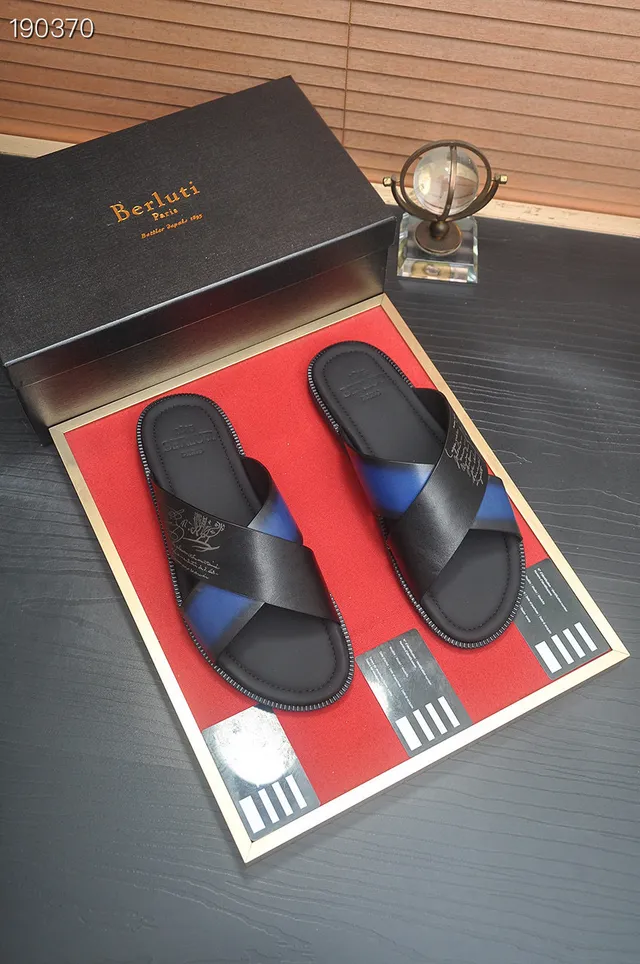 Berluti Slide Black Blue Crossed-Strap Iridescent Accent Slippers 7