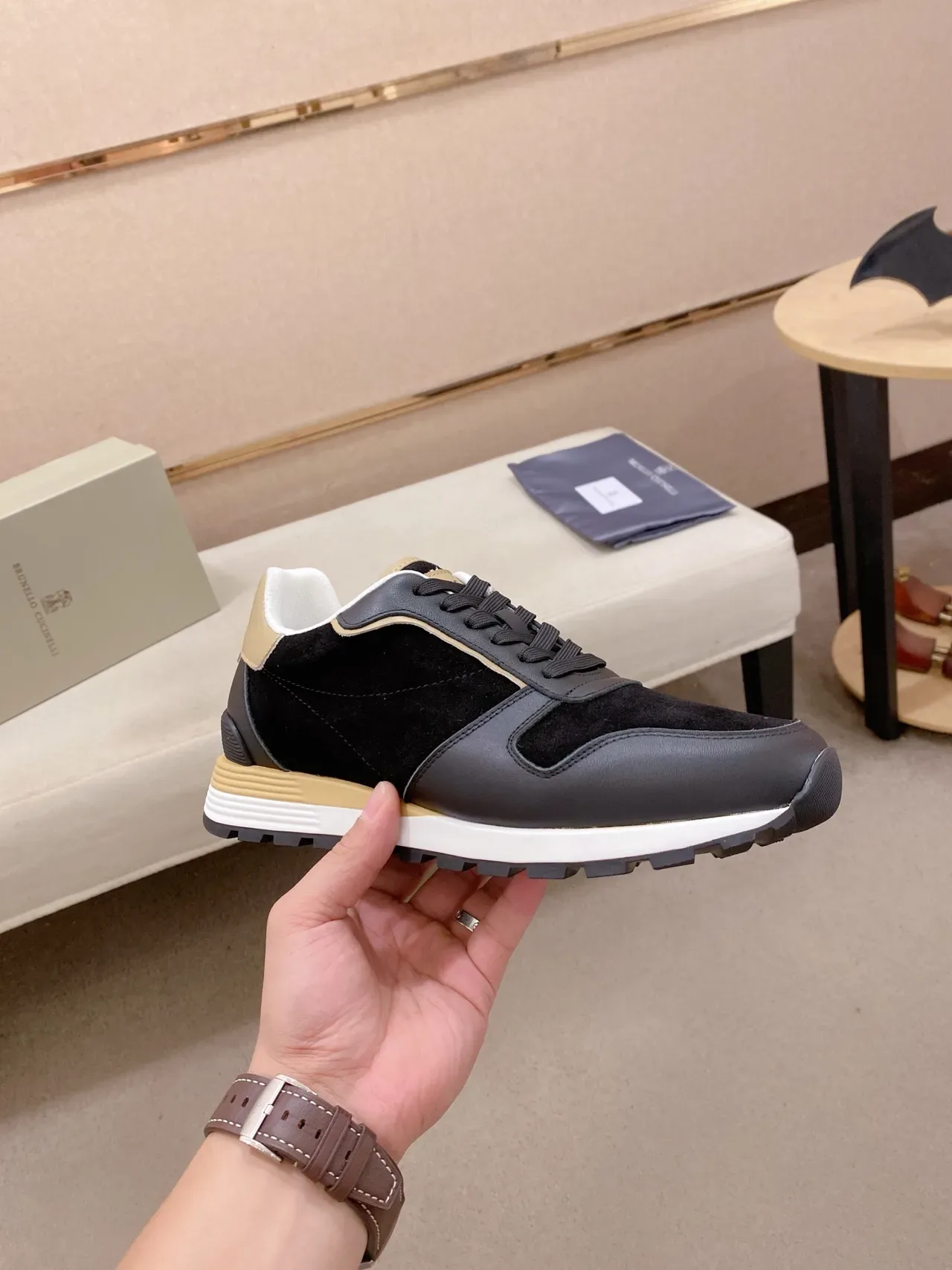 Black and Beige Mixed-Material Panelled Sneaker 5
