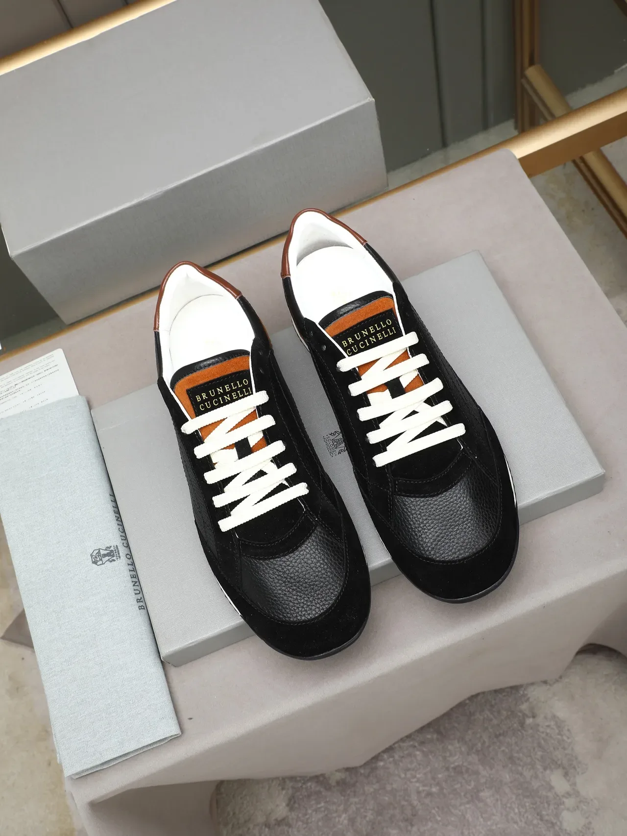Black and Tan Mixed Material Retro Runner Sneaker 2