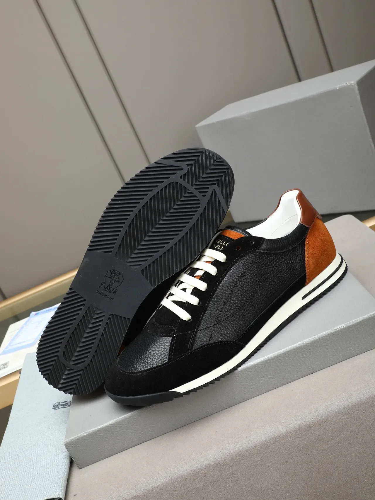 Black and Tan Mixed Material Retro Runner Sneaker 4