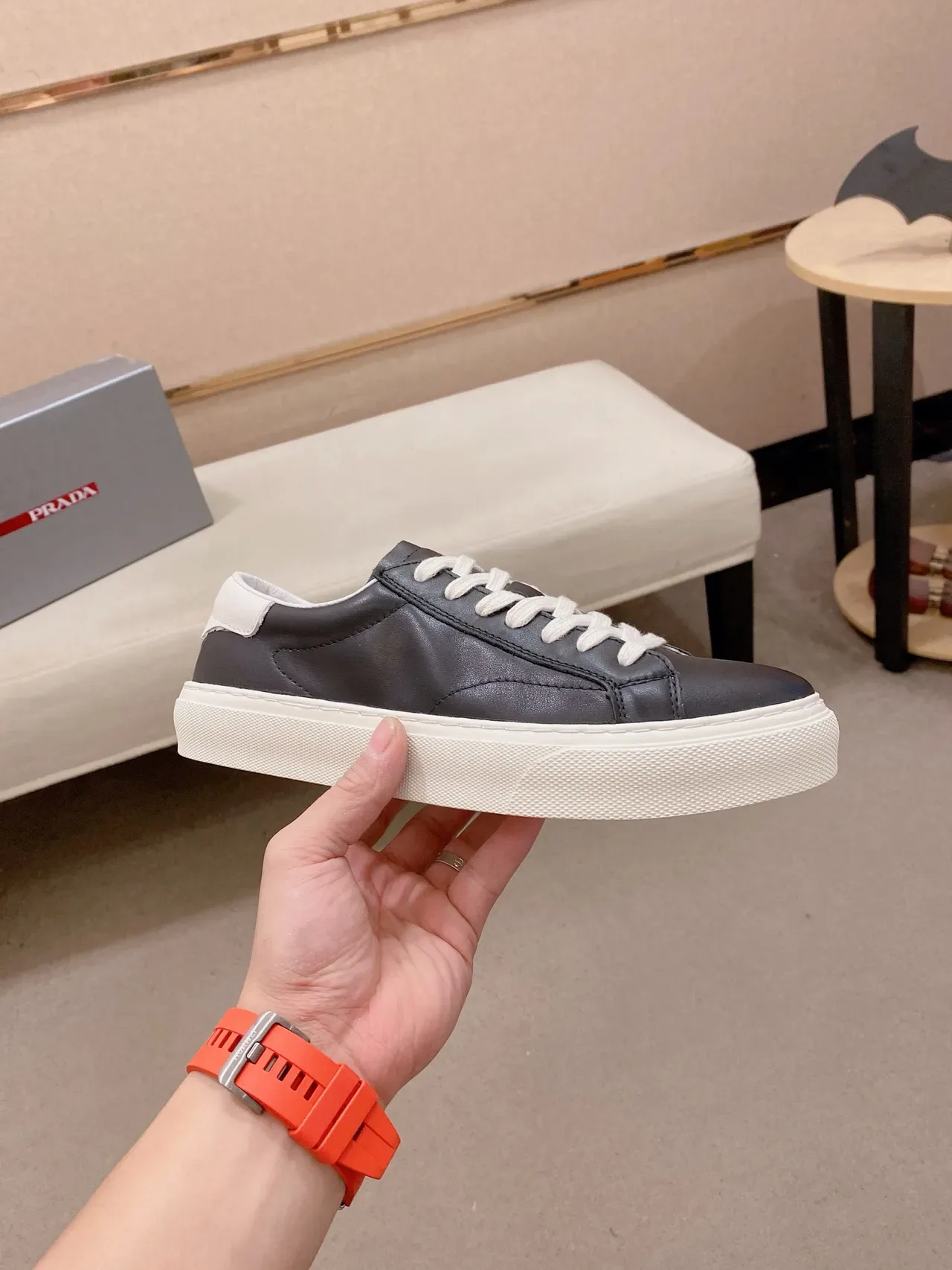 Black and White Low-Top Leather Sneaker 4
