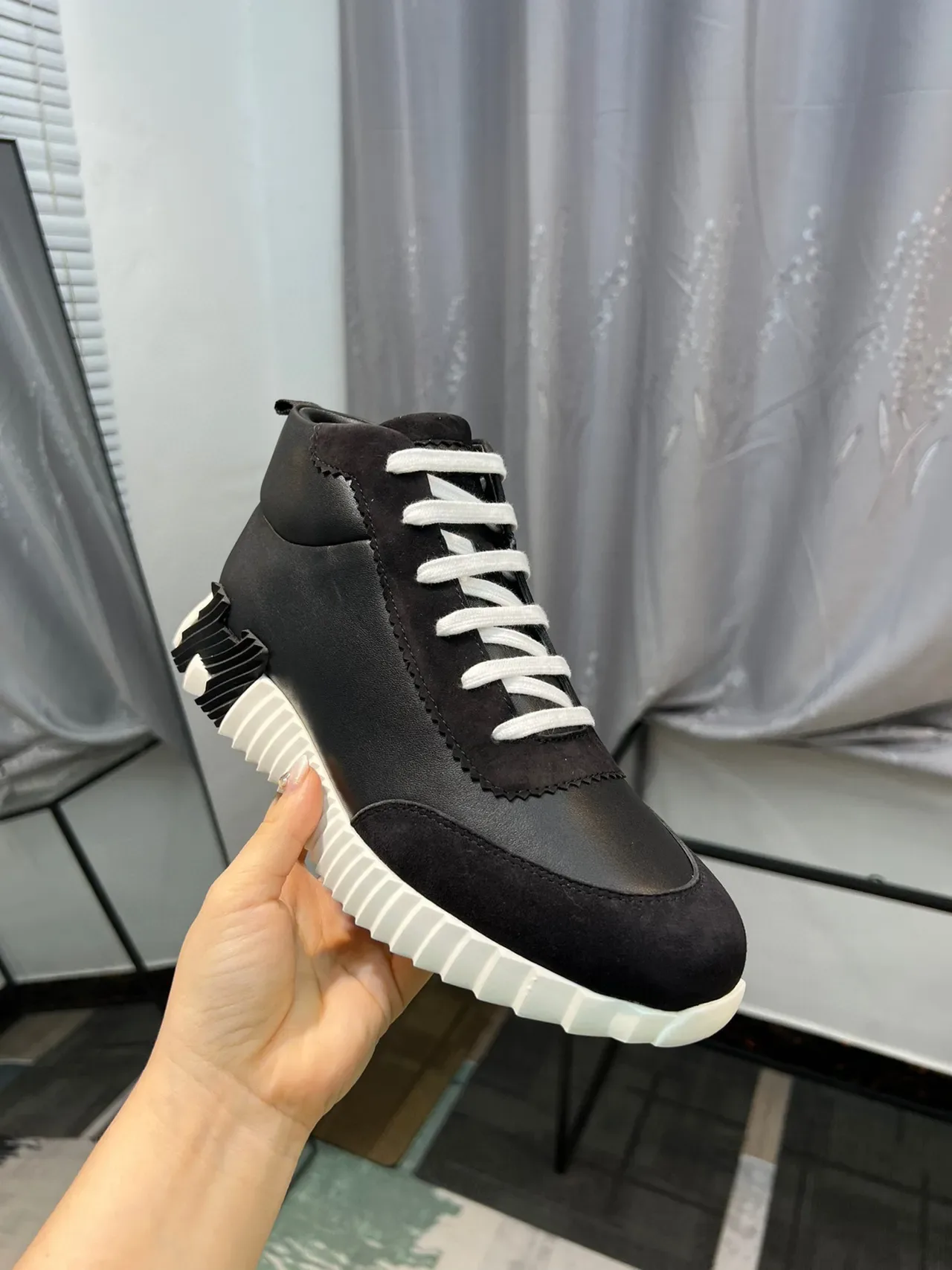 Black and White Mid-Cut High-Top Sneaker 6