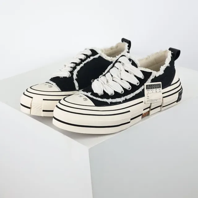 Black Beige Canvas Upper Frayed Raw-Edge Detailing Sneakers 2
