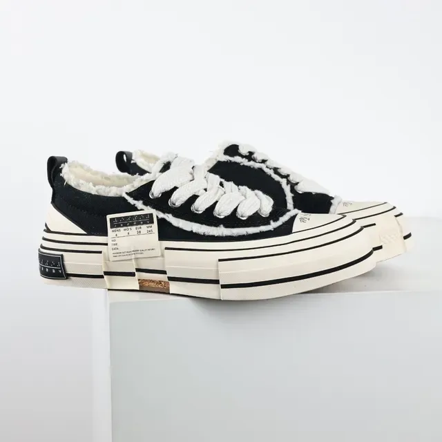Black Beige Canvas Upper Frayed Raw-Edge Detailing Sneakers 3