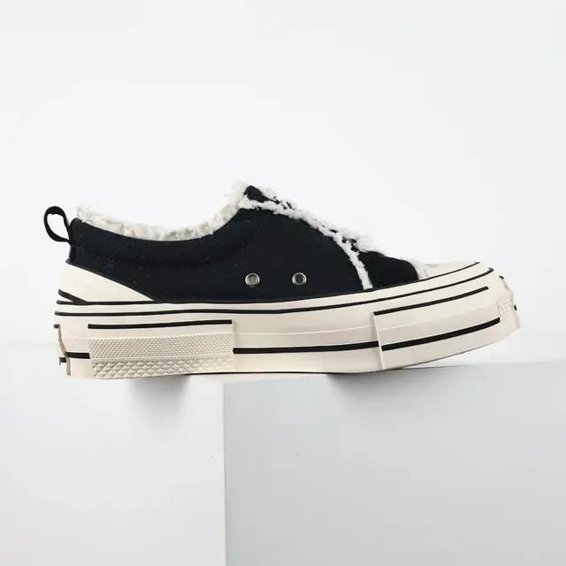 Black Beige Canvas Upper Frayed Raw-Edge Detailing Sneakers 7