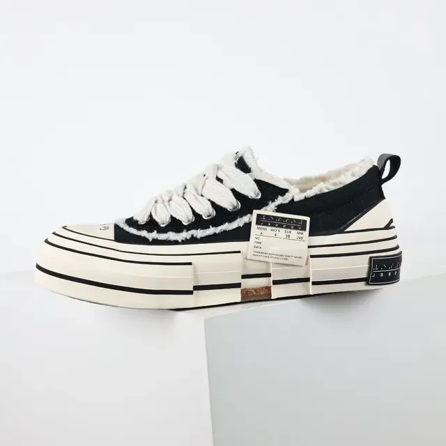 Black Beige Canvas Upper Frayed Raw-Edge Detailing Sneakers 9