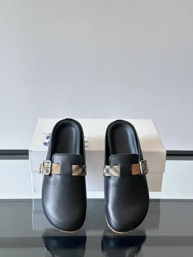 Black Beige Leather Plaid Strap Casual Shoes 3
