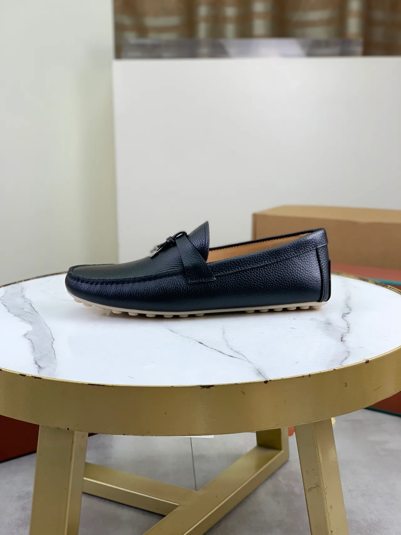 Black Beige Pebbled Leather Moccasin-Stitched Vamp Loafer 5