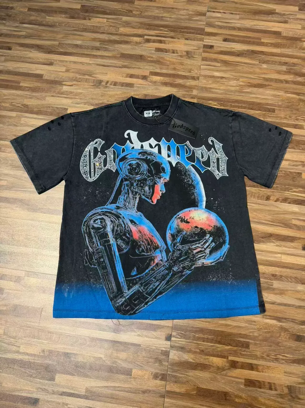 Black Blue Distressed Graphic Print T-Shirt 2