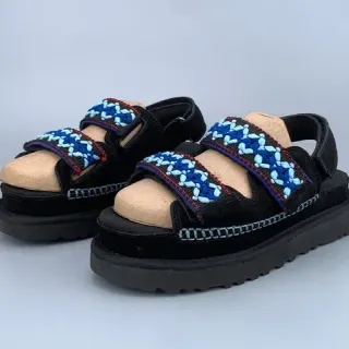 Black Blue Platform Sole Embroidered Strap Detail Casual Sandals