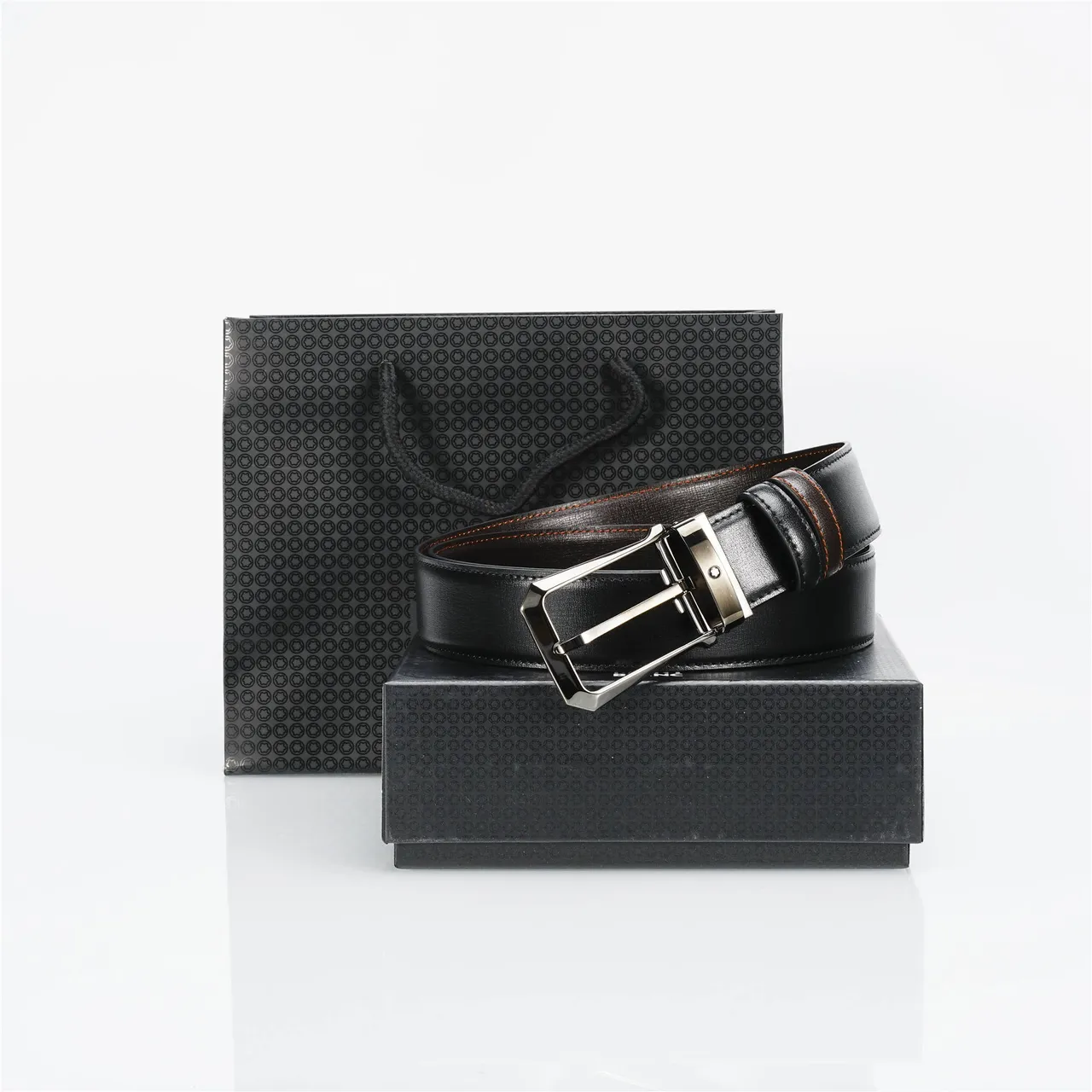Black Brown Reversible Buckle Stitched Leather Belt 3