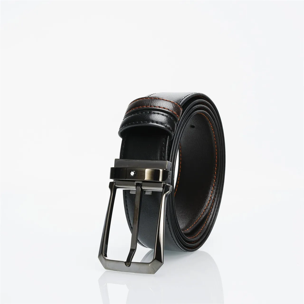Black Brown Reversible Buckle Stitched Leather Belt 5