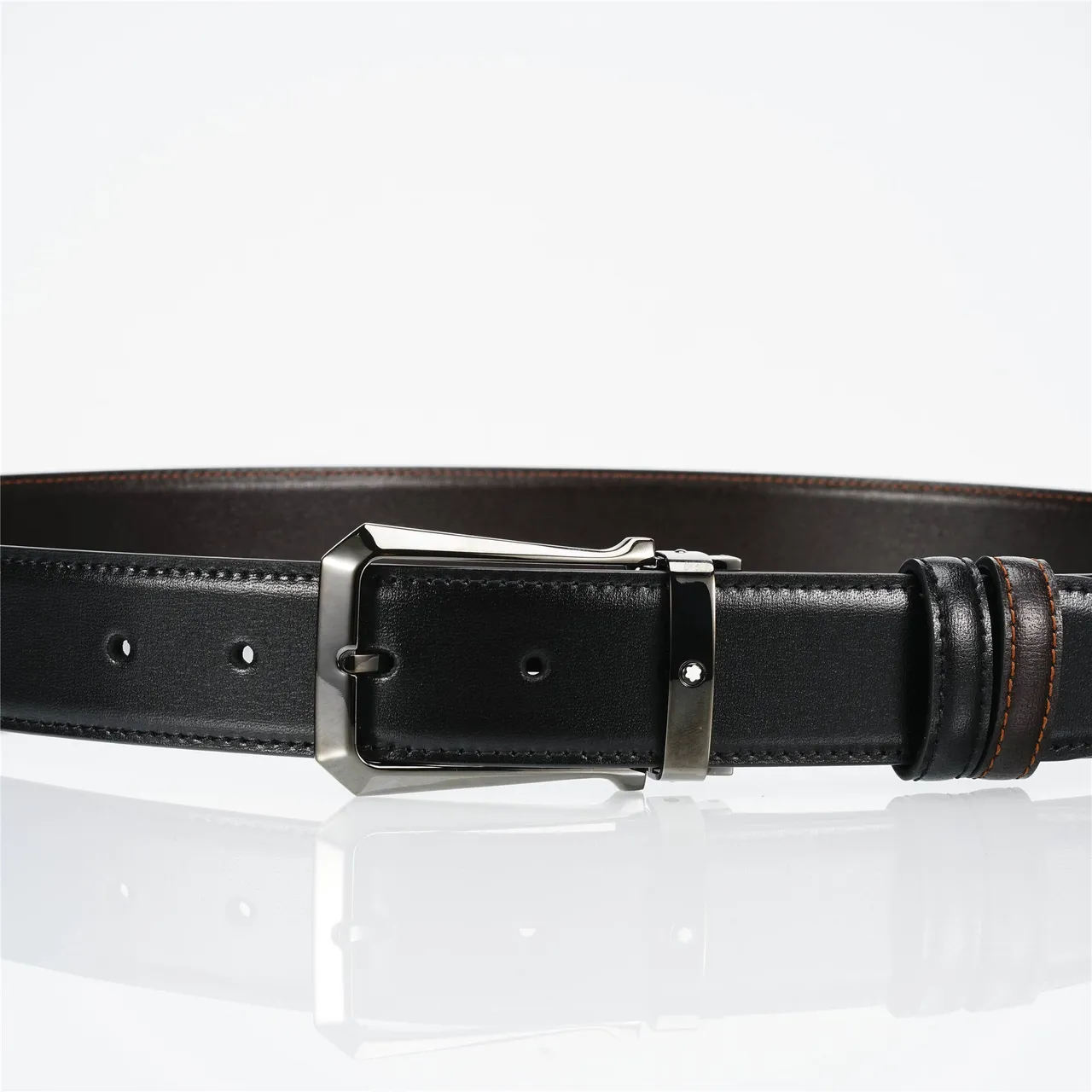 Black Brown Reversible Buckle Stitched Leather Belt 6