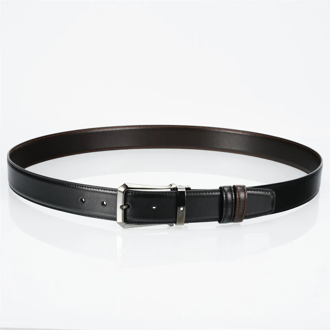 Black Brown Reversible Buckle Stitched Leather Belt 7