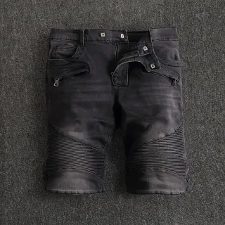 Black Denim Zip-Pocket Moto Panel Shorts