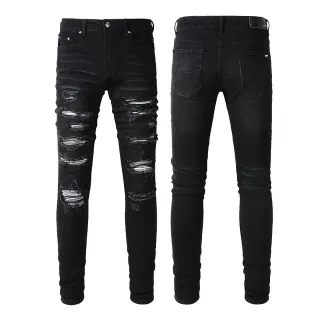 Black Distressed Slim-Fit Ripped Jeans