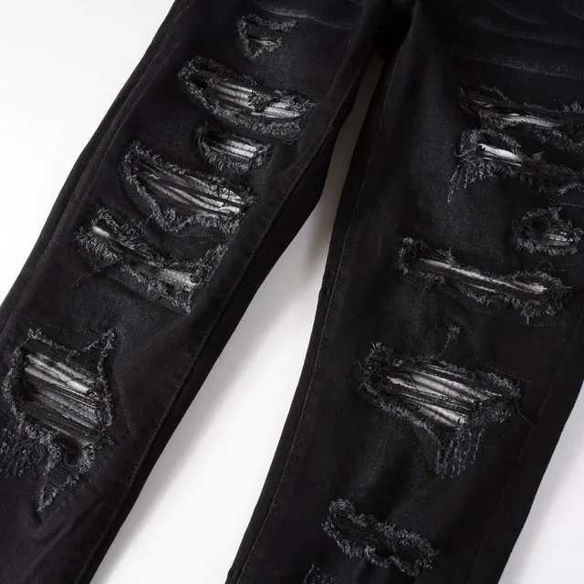 Black Distressed Slim-Fit Ripped Jeans 4