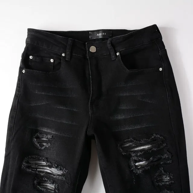 Black Distressed Slim-Fit Ripped Jeans 9