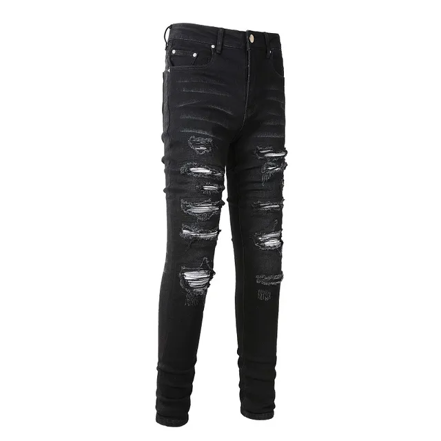 Black Distressed Slim-Fit Ripped Jeans 11