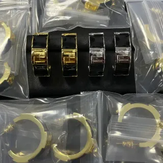 Black Enamel and Gold Silver Tone Hinged and Open Hoop Earrings